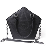 Pentagram-Embossed Black Synthetic Leather Handbag with Chain